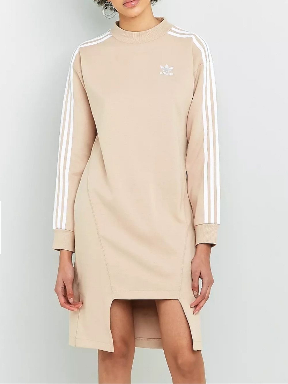 adidas Beige Long Sleeve Sweatshirt Dress with White Stripes
